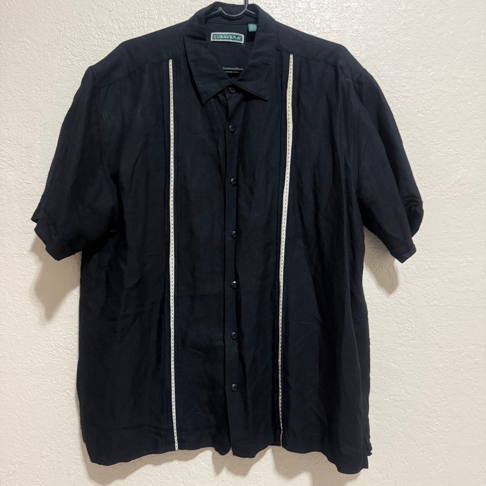 Cubavera Mens XL Black Guayabera Short Sleeve Button Down‎ Ramie Rayon Shirt